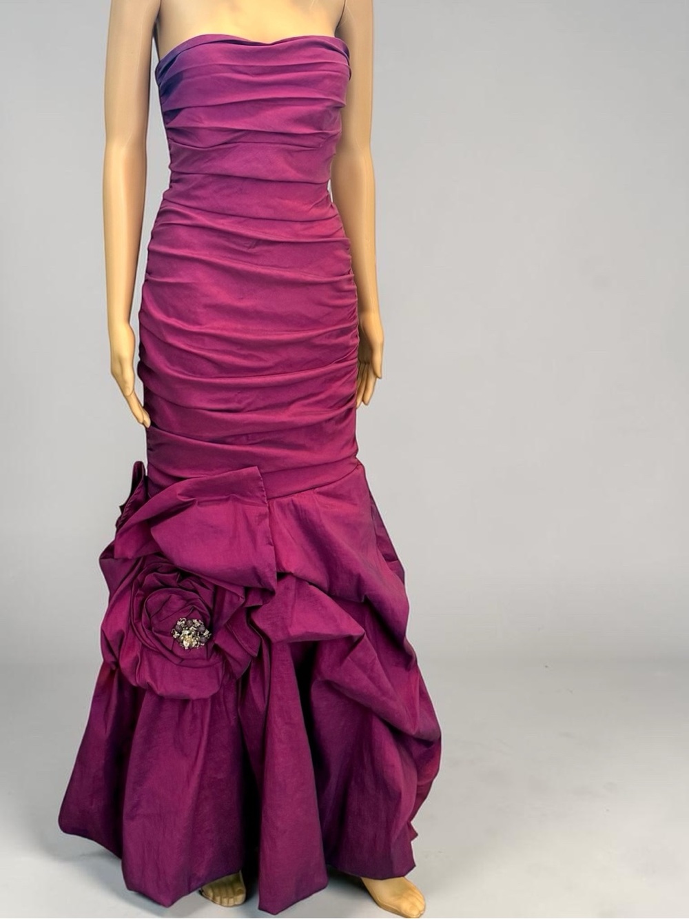 Vintage 80s Strapless Magenta Ruched Mermaid Gown with Floral Detail